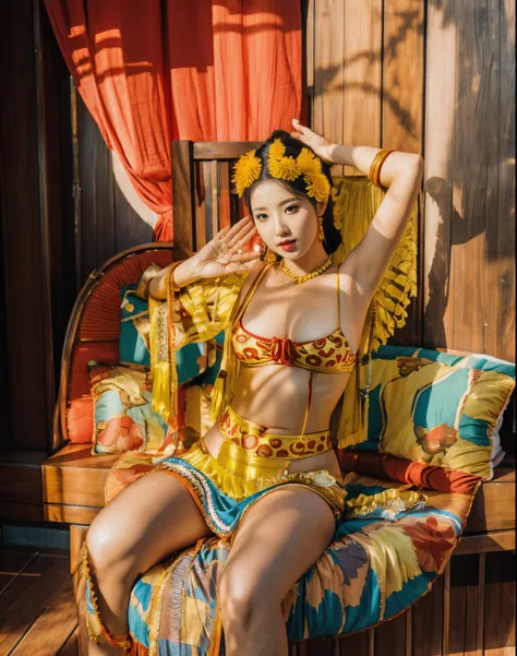 asian belly dancer，Charming and sexy，Bigchest，heavy  makeups，Open waist，Show legs，sit on chair