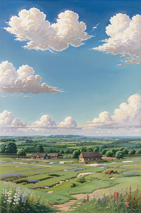 Realistic, Authentic, beautiful and amazing landscape oil painting Studio Ghibli Hayao Miyazaki&#39;s petal pasture with blue sky and white clouds