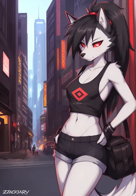 zackary911, by zackary911, anthro, lycanroc, hellhound, grey fur, female, solo, 1woman, small breasts, shorts, leather jacket, tank top, ((red sclera)), ((silver eyes)), wolf tail, ponytail, black hair, city street scene, courier bag, spellbook