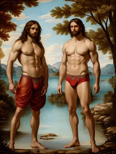 Oil painting, Renaissance style, Fresco style, full body, two males, men, by a scenic lake, muscular, handsome, ((Red briefs)), Bulge, very detailed, detailed painting, ((Brush stroke texture)), Canvas texture, style by Leonardo Da Vinci,