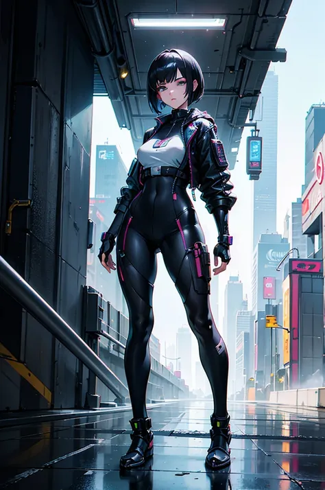 "(from feet to head), Full body, from the front, 1 girl, beautiful cyberpunk princess, with short hair, wearing armor. The image must be hyper-realistic, with an extremely detailed face. The texture resolution must be 16k."