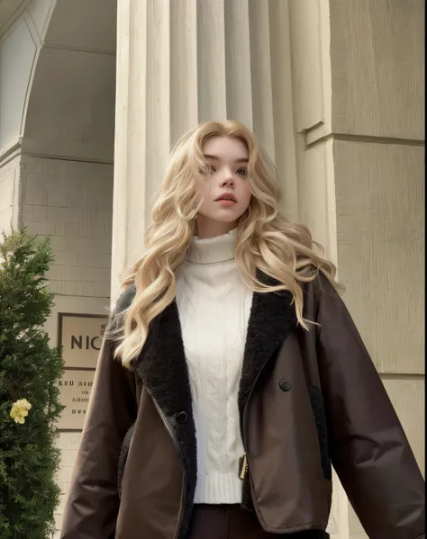 blonde woman in a brown jacket and black pants walking down a street, pale skin curly blond hair, Yelena Belova, Estilo de Julia Razumova, usando gola alta e jaqueta, mami_Taylor-Alegria, Directed by: Emma Andijewska, Anya Taylor alegria, Anya Taylor-Alegr...