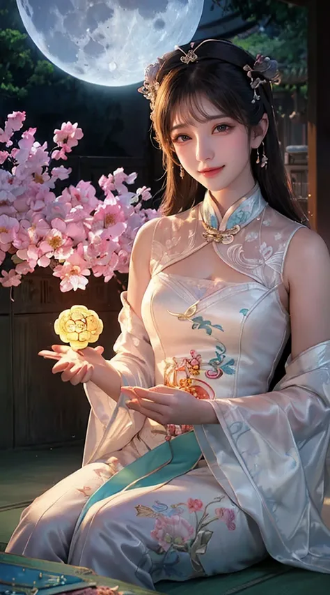 (a girl in a garden,moon palace,Change,mooncakes,rabbi quality,ultra-detailed,realistic:1.37,illustration,traditional Chinese painting,harmonious colors,soft lighting