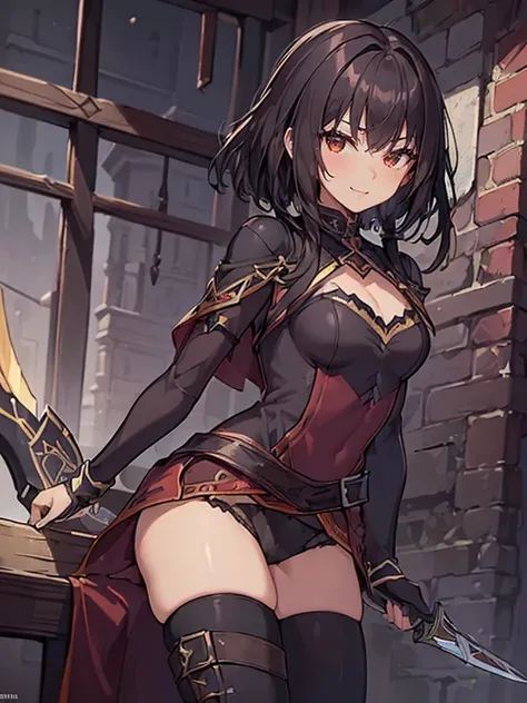 (((masterpiece、BEST QUALITY、high precision、High and fine))), ((fantasy)), {Short darkbrown hair}, ((Black assassins armor)), 1girl, (((assassin))), confident, smug smile, Dynamic angle, dark night, holding a assassins dagger,  fantasy city at night.