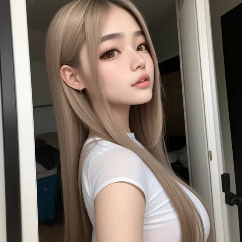 um close up de uma mulher com cabelos longos e uma camisa branca, 18 anos, Asian girl, Beautiful Asian girl, Asian girl with long hair, com cabelos longos, Lalisa Manobal, 1 6 anos, 19-year-old girl, Mistura russa e japonesa, menina coreana, Anna Nikonova ...