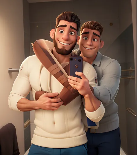 there are two men taking a selfie in the bathroom mirror, two men hugging, two handsome men, two muscular men entwined, muscular men entwined together, two male, pablo carpio and jordan grimmer, paul pepera pablo roldan, josan gonzalez and tyler edlin, pet...