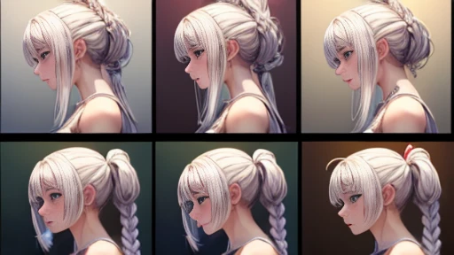 ((master piece)), (very high quality), character creation sheet, multiple angles, multiple poses, (same face, different angles), bust closeup (breasts and head), translucent clothing, noticeable breasts, platinum hair, double braid,