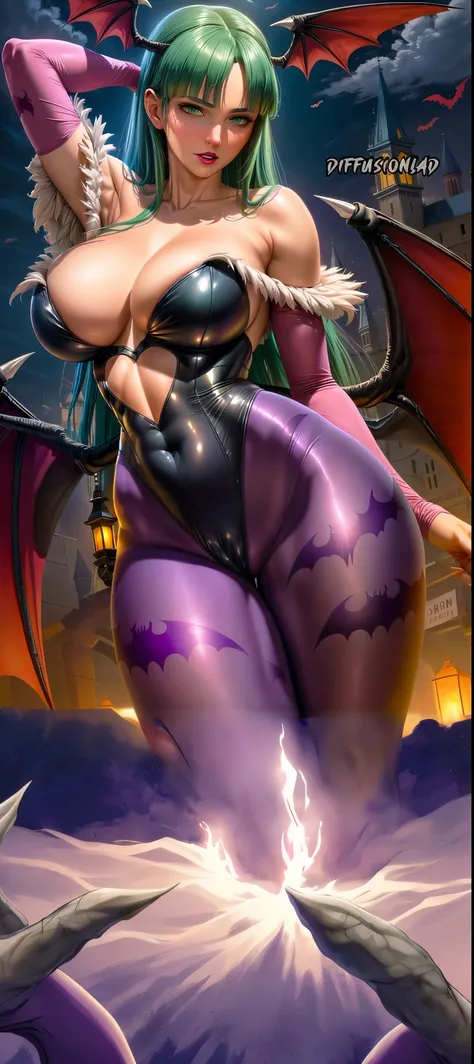 Continuation of the image above, (Pernas da Morrigan Aensland), in the nighttime, in the background european scenery