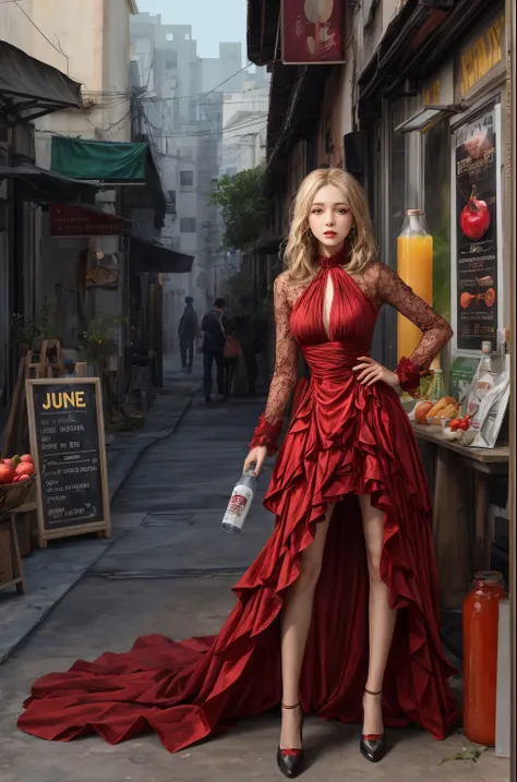 a woman in a red dress standing next to a bottle of juice, a poster, by Jeanna bauck, trending on cg society, pomegranates, outrun style, promotional image, eon flux