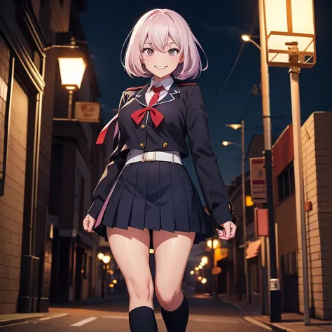 Image of an anime style girl in school uniform standing under a lamp post at night and holding a knife and having a crazy and sadistic smile.