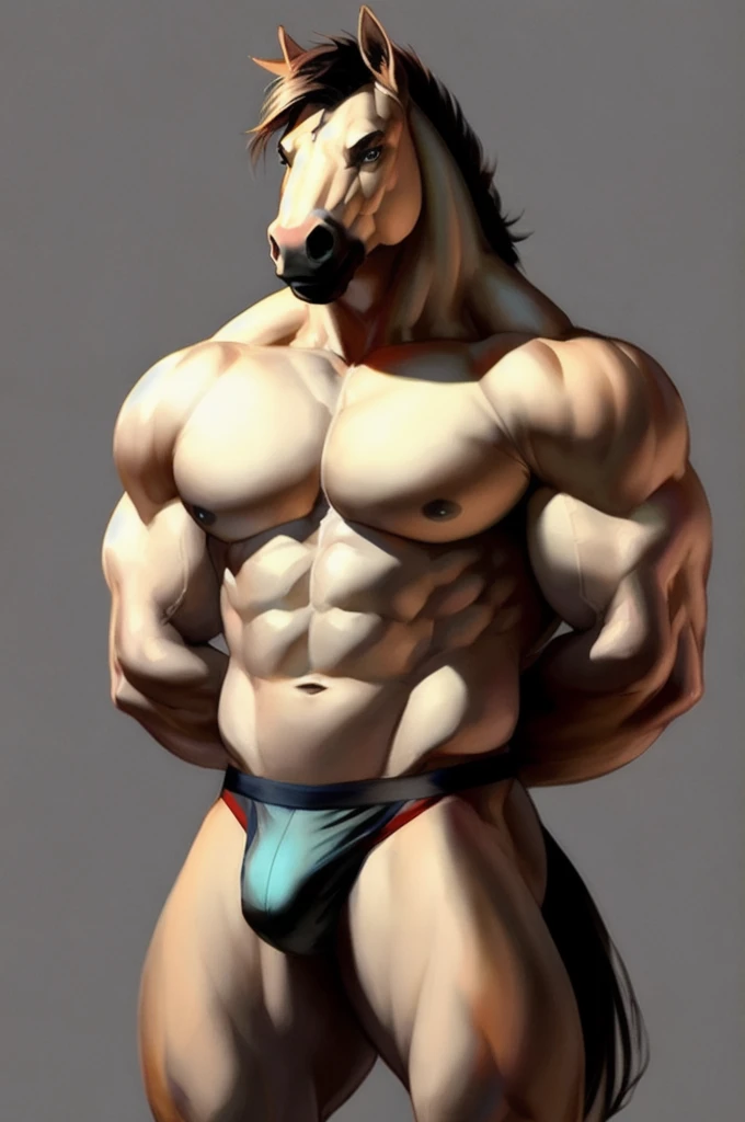 Solo, Furry, Anthro, Horse, Male, E621, Standing, Muscular, Hands behind back, Wearing underwear, Plain background, Front view, Light skin, By ruan jia