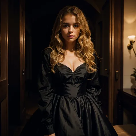 Curly hair blond girl in dark gown