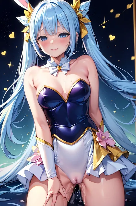 sexypose、Young Magical Girl with a rabbit、very long twintails、Long light blue hair、Angel White Wings、Shiny white and pink and blue and yellow latex leotard、((Heart marks、rabbit tail))、(Golden decoration、Gold ruffled skirt、Flower Embellishment)、Blue eyes th...