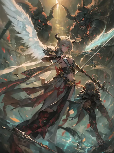 (Finest quality)),(超A high resolution),(ultra-detailliert),(Meticulous portrayal),((The most picturesque work of art),Ultra-Precision Art,The art of astounding depiction, Fantasyart:1.5, (female angel wielding a spear:1.7),Beautiful and well-groomed face:1...