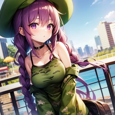 Anime girl with plum purple hair braided and a green camo hat with a camo spaghetti strap shirt