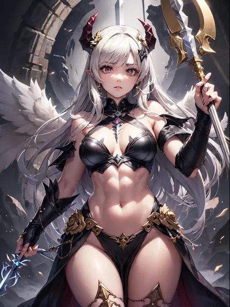 (Finest quality)),(超A high resolution),(ultra-detailliert),(Meticulous portrayal),((The most picturesque work of art),Ultra-Precision Art,The art of astounding depiction, Fantasyart:1.5, (female angel wielding a spear:1.7),Beautiful and well-groomed face:1...