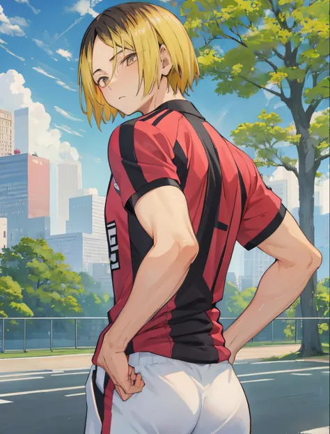 1boy, (masterpiece, top quality, best quality), upper-body, blonde hair, black hair, multi-colored hair, forehead, (gym uniform:...