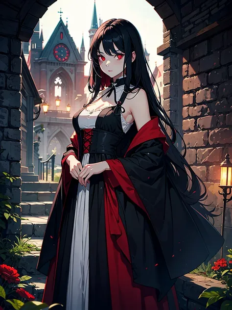 A vampire with long black hair, her eyes were red, (red eyes), her skin was pale as milk, dressed in a long medieval dress, (vampire)