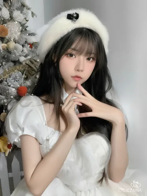 Chica araffe con un vestido blanco y un sombrero blanco posando para una foto., Peinado blanco de corte hime, ulzzang, pale snow white skin, flequillo esponjoso, Cabello largo con flequillo completo, Pelo largo con flequillo, Cabello limpio con flequillo, ...