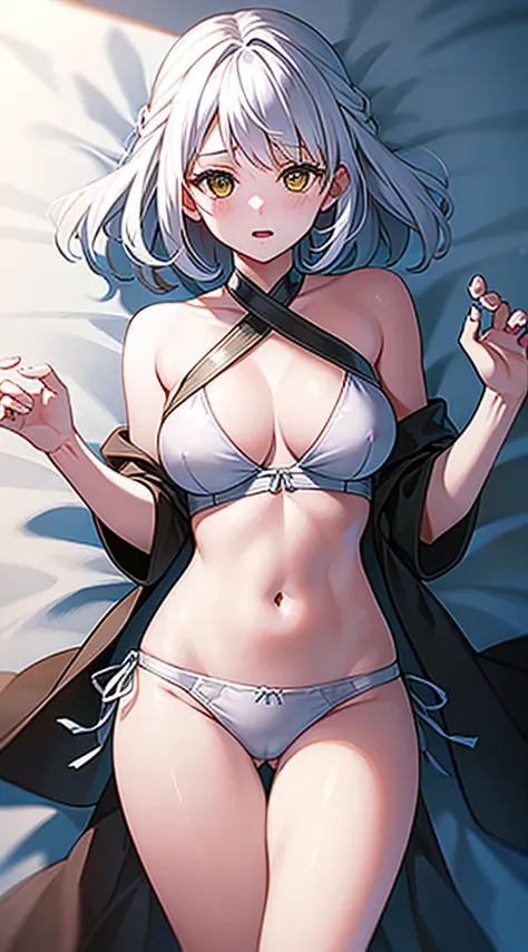 masterpiece, best quality, 1 solo girl, white hair, yellow eyes, bob cut hair, wavy hair, medium breasts, mature body and face, bare shoulders, cleavage, white lingerie, white bra, white panties, open stomach, bed, leg up, cowboy shots, sexy pose, dakimaku...