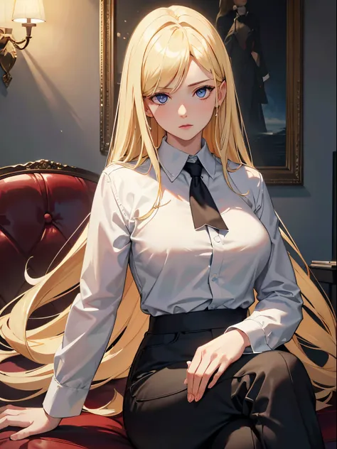 masterpiece, best quality, 1girl, blonde hair, blue eyes, white formal shirt, sitting, crossed legs, black pants, dark room, dim...