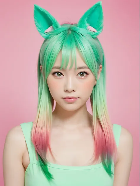 1girl in, animal_Ears, gradient, gradient_Background, Green_Background, up looking_で_viewer, Pink_hair, Solo by JM