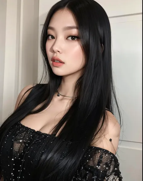 jennie arafed com cabelo preto longo e um vestido preto, pale goth beauty, com cabelo preto liso, cabelo preto longo brilhante, ...