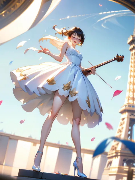 (a girl in a dress is in the air:1.3), playing a violin, eiffel tower background(wide shot, wide-angle lens,panoramic:1.2),supe...