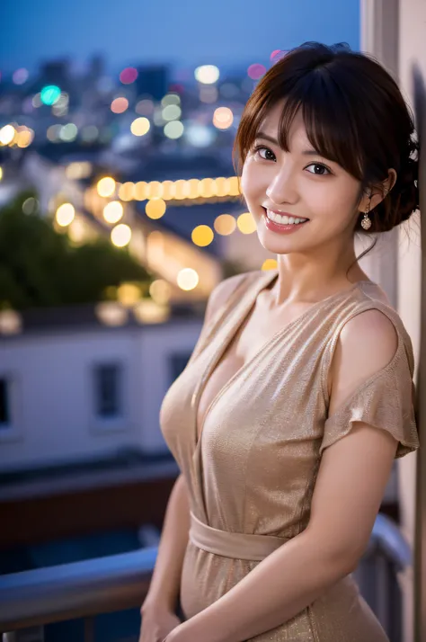 Highest resolution, 4K, Masterpiece: 1.3), A Japanese milf, photo of one lady, Sexy: 1.1, fine eyes, Slender figure, Realistic teeth, double eyelids, full body, best quality, detailed, beauty, a married woman, at the balcony, night