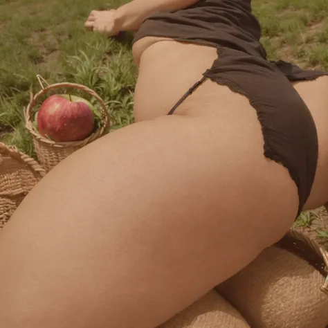 A girl without a T-shirt and panties collects apples on all fours in a wicker basket in an apple orchard