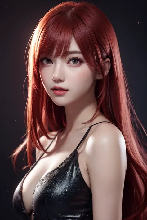 1girl, star eye, blush, perfect illumination, red hair, red eyes, unreal engine, sidelighting, detailed face, bangs, bright skin,  background, dark background, upon body,