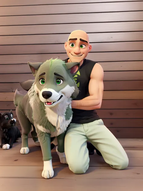 a man with green eyes and bald head wearing a black t-shirt he is smiling and hugging a dog