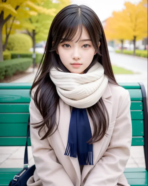 An arafi woman wearing a scarf and sitting on a park bench, Korean Girl, korean female fashion model, Beautiful young Korean woman, Korean Woman, Gorgeous young Korean woman, beautiful Korean women, Chinese girl, real life anime girl, Beautiful Asian Girl,...