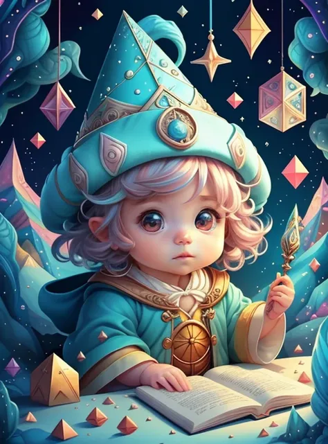 (cute baby wizard in an enchanted florest) Munchkin,Geometric multidimensional wall portrait, livro de arte, Tchibi,
Yang08k, Beautiful, Colouring,
Obras, of the highest quality, best quality, Arte Oficial, Beautiful and Aesthetic,