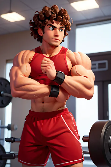 muscular male with curly hair in front double biceps in the gym