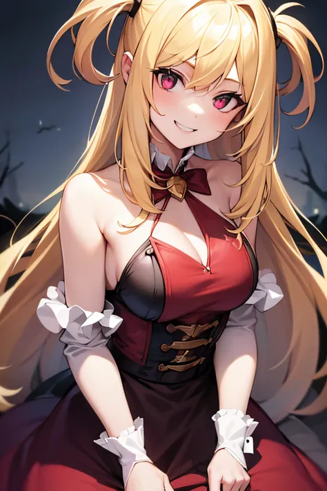 1girl, blond hair, bloody neck, vampire, friendly smile