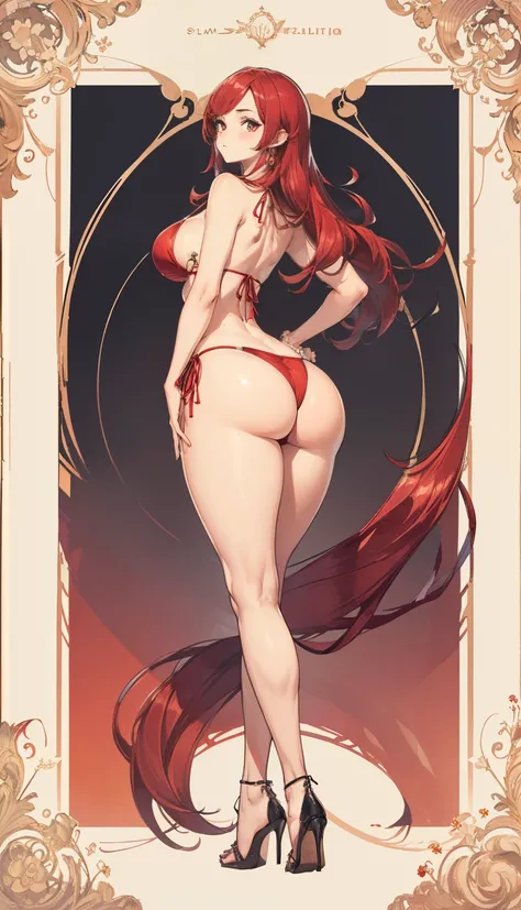 SFW, (long ((red hair))), (bikini), ((big ass)), long legs, tall girl, tall legs, slim girl, slim frame, thin legs, thin frame, slim body, small breasts, flatchest, high heels, wide hips, big hips, curvy hips, hourglass figure