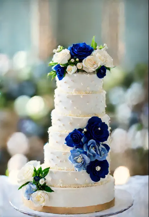 Heart shaped Deep dark royal blue cake, beautiful pearls, white sprinkles, blue flowers, white dollops, white drip frosting,