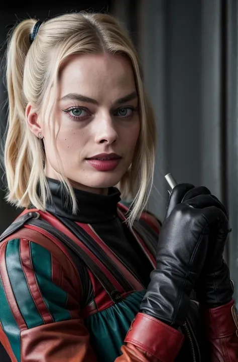 margot robbie: harley quinn, durchgehender lederschnitt, superréaliste, hyperrealistisch, detailliert, filmplakat, realistischer...