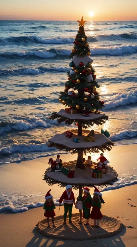 Create a vibrant image of an Australian family on a sandy beach. The sun is setting, and the family is gathered around a beautifully decorated Christmas tree made of driftwood. They wear Santa hats and beach attire, with the ocean waves in the background.