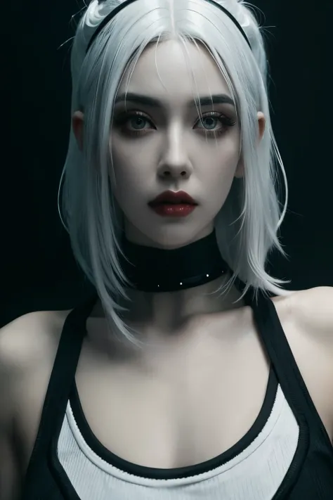 a close up of a woman with white hair wearing a black top, cyborg - girl with silver hair, perfect white haired girl, seductive cyberpunk dark fantasy, pale goth beauty, beautiful cyberpunk woman model, beautiful cyberpunk girl face, ava max, girl silver h...