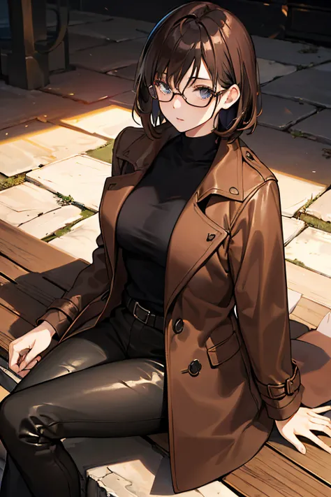 Women wearing brown coat and elegant shirt, leather pants, glasses, model magazine wrap, dark hair, sitting, looking up to camera, seductive gaze