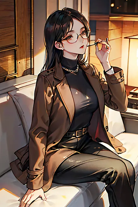 Women wearing brown coat and elegant shirt, leather pants, glasses, model magazine wrap, dark hair, sitting, looking up to camera, seductive gaze