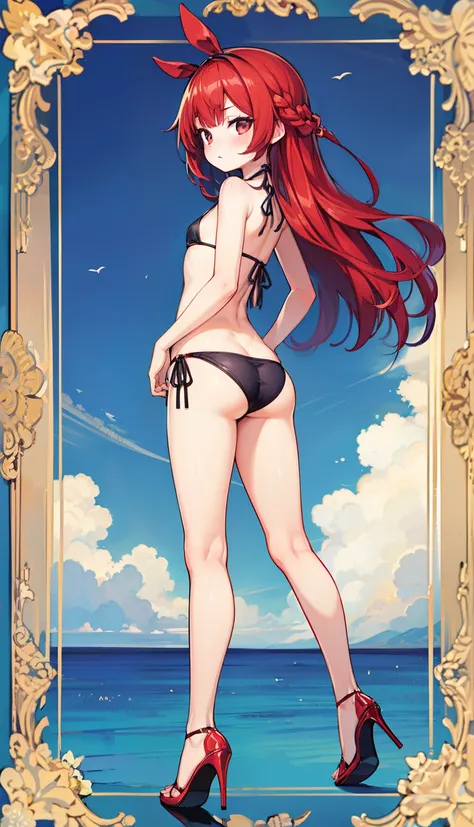 SFW, (long ((red hair))), (bikini), ((big ass)), (long legs), tall girl, tall legs, slim girl, slim frame, thin legs, thin frame, slim body, (small breasts, flatchest), high heels