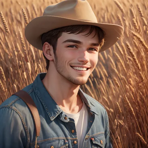 25-year old man, caucasian, short brown hair, grinning, wearing jeans and t-shirt, wearing old farmers hat, farmer, muscular, in field of wheat, extremely detailed CG unity 8k wallpaper, intricate details, portrait, solo, detailed background, bokeh, raytra...