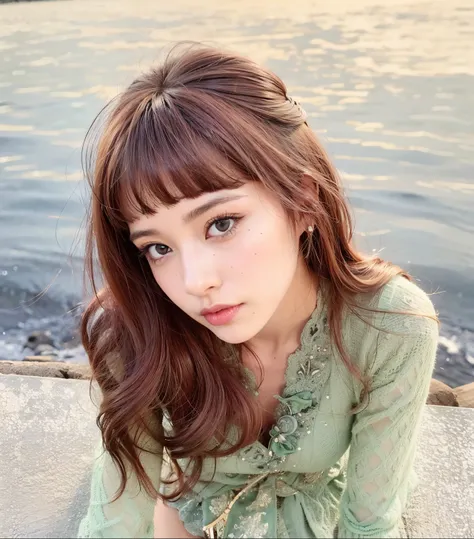 there is a woman sitting on a bench near the water, O corte Hime, branco hime corte penteado, Estilo de cor Aya Takano, cabelo castanho coral, cabelo castanho com franja, Penteado kawaii, cabelos longos com franja, cabelo arrumado com franja, Chiho, cabelo...