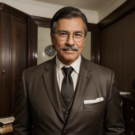 ( best quality, realistic:1.37, highres:1.2, ultra-detailed, portraits ), 65-year-old latino man, dark brown suit,dark Brown jacket, dark brown waistcoat, black tie, white cropped hair combed back, white mustache, round-framed prescription glasses, posing ...