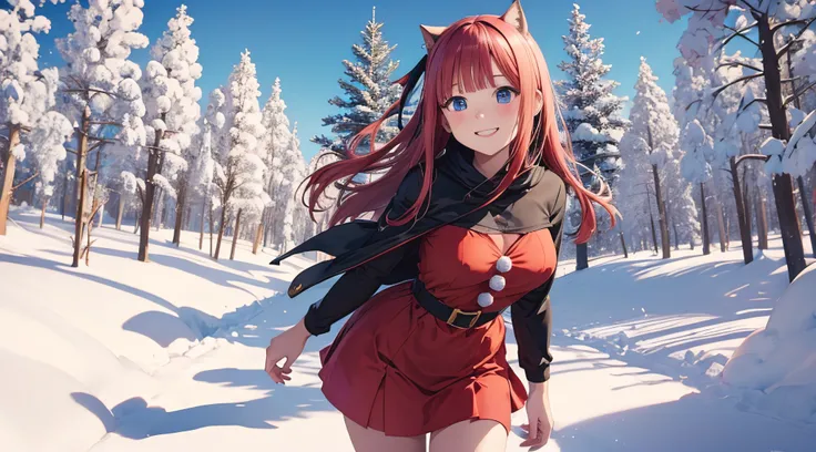 Nino Nakano sonriendo,orejas largas,sexy,Christmas Dress,bosque nevado,arbol de navidad