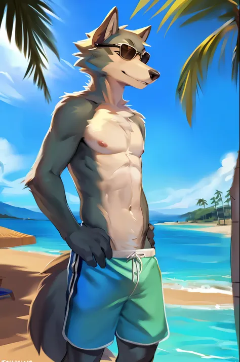 By chunie, by bebebebebe, by teranen, by fluff-kevlar, by zaush, by fluff-kevlar by Zackary911, uploaded to e621, (((high quality))), Furry, (((Legoshi))), (wolf) Beastars, topless, (toned build), nipples, swim trunks, (((square cut swim trunks))), (hands ...