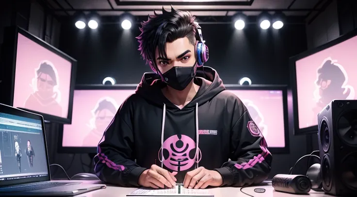 cartoon of a man in a realsitic awesome hoodie sitting at a desk with a microphone, discord profile picture, cyber aesthetic, the encrypted metaverse, art depicting control freak, background artwork, vaporwave cartoon, black hair, rapping into microphone, ...